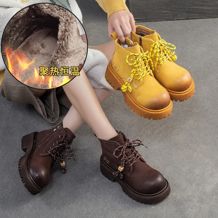 杰骤2025冬季新款加绒保暖头层牛皮马丁靴侧拉链时尚百搭女式棉鞋