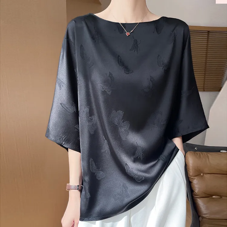 哥弟阿玛施正品法式缎面真丝七分袖上衣女士高级感提花桑蚕丝T恤
