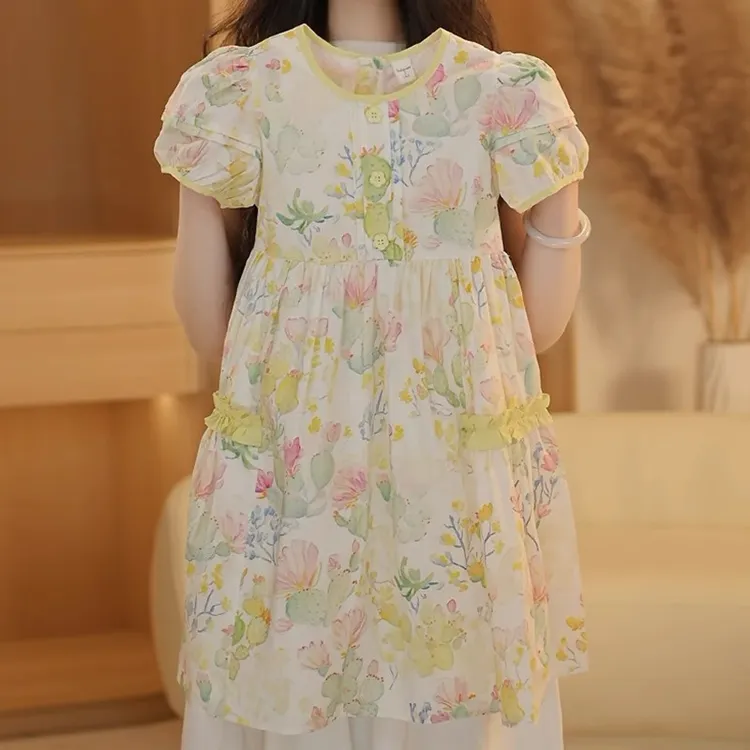 女童连衣裙夏2025新款泡泡袖公主裙小女孩碎花裙洋气沙滩裙海边