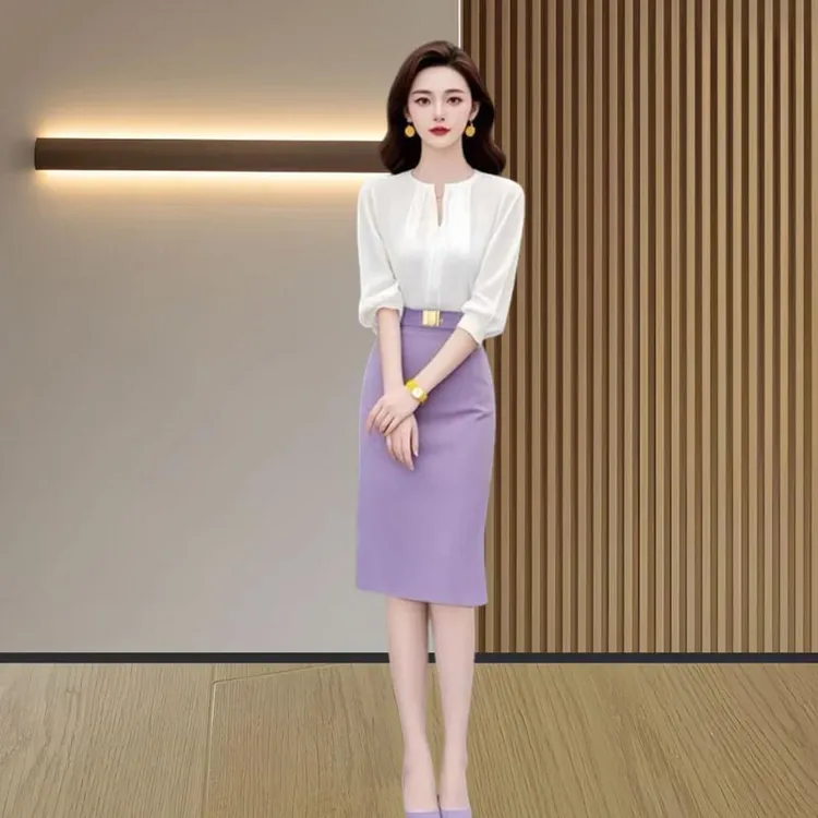 2025年春秋季新款半身裙时尚百搭纯色拼接气质温柔衬衫两件套女装