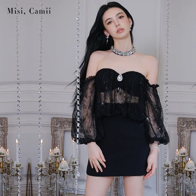 Misi,Camii2025年早秋新款珠片绣蕾丝挂脖连衣裙名媛气质修身显瘦