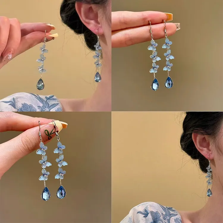 清冷蝶泪~超仙蓝色蝴蝶水滴吊坠耳环女小众设计长款流苏耳饰4372