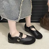 7727法式复古绒面玛丽珍鞋女新款一字扣带低跟圆头芭蕾舞单鞋浅口