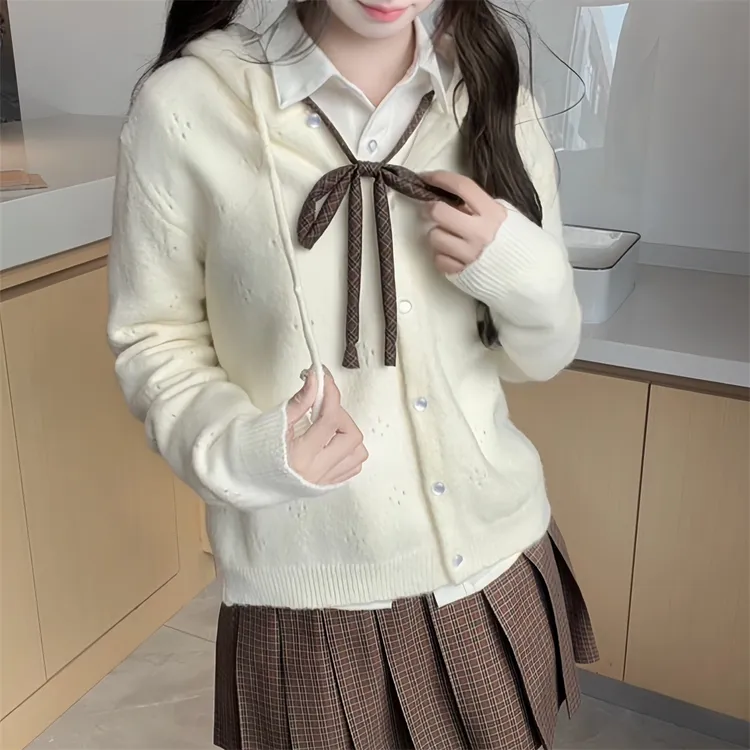 (栗旬)东临社日系秋冬正版棕色格裙jk制服女开衫连帽毛衣短裙套装