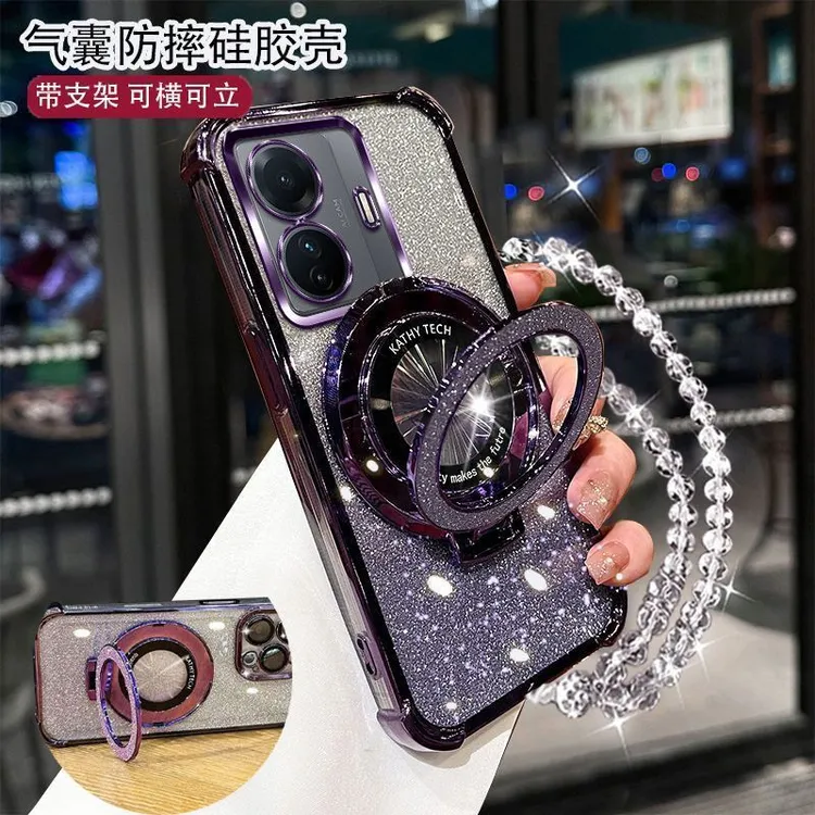 四角防摔vivoS15E手机壳V2190A女款护镜流行闪粉支架手链软硅胶防