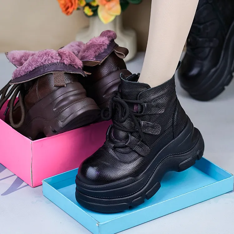 NP01-5506-8秋冬新厚底头层牛皮加绒羊毛靴女增高百搭单棉马丁靴