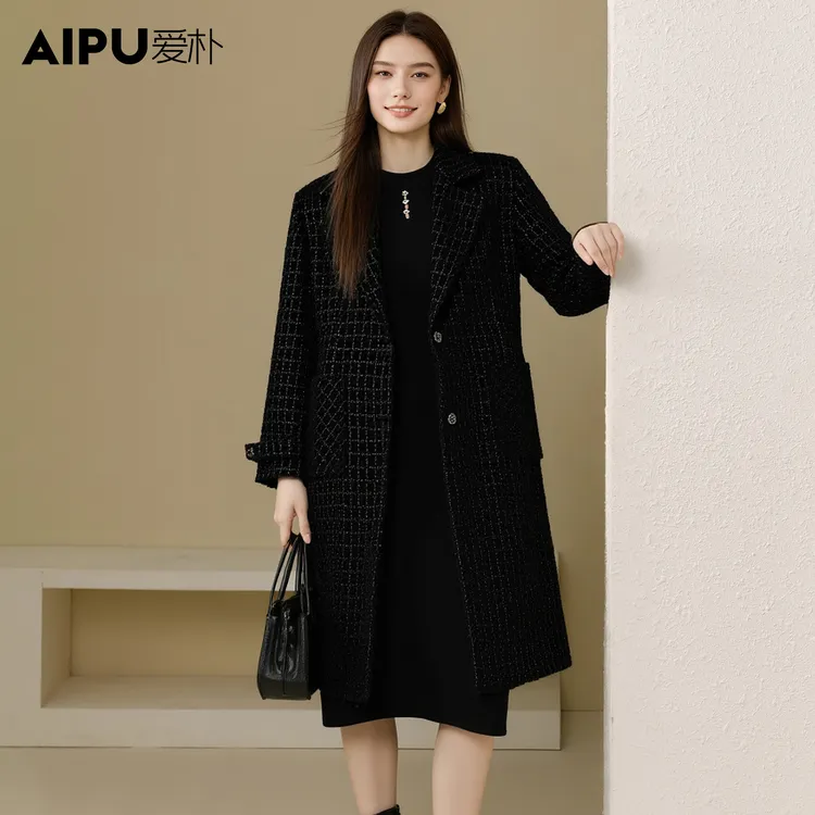爱朴大码女装2025年冬高级感格子毛呢大衣胖mm显瘦高端外套23549