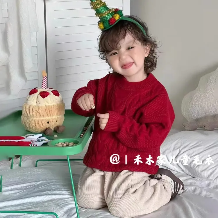 韩版宽松男童红色毛衣喜庆氛围感过年毛衣儿童圣诞红色毛衣打底衫