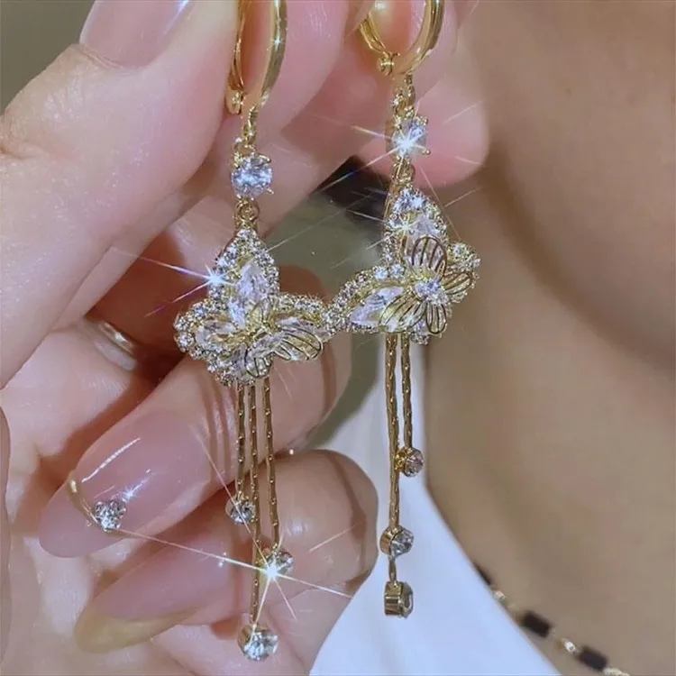 925银耳饰 森系超仙原创设计长款女金色蝴蝶耳环仙气优雅设计耳扣