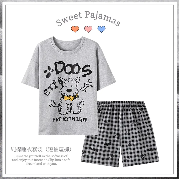 卡之恋夏季女士纯棉睡衣套装西高地格子裤减龄家居服