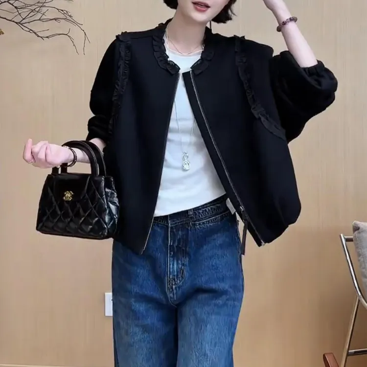 秋季新款木耳边拼接圆领宽松显瘦短外套女洋气韩版百搭休闲上衣潮