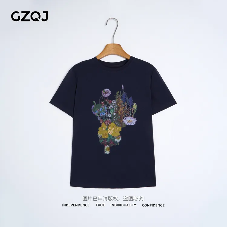 老琴私服【印象宣言】欧若风设计师重工钉珠印花短袖圆领T恤女27834