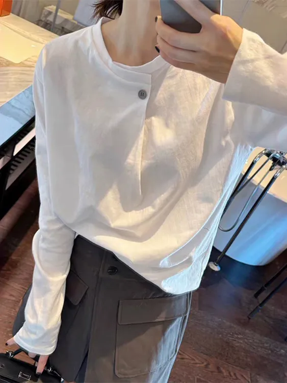 设计感小众别致长袖t恤女秋季正肩宽松时尚内搭打底衫一粒扣上衣