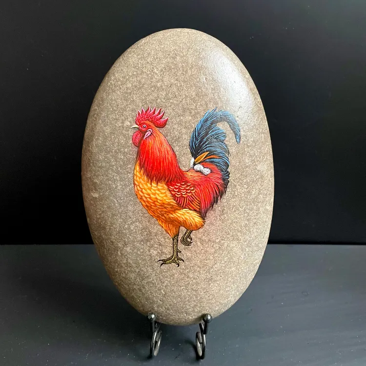 高端纯手绘不掉色丙烯石头画十二生肖鸡书房祝福礼品摆件精品