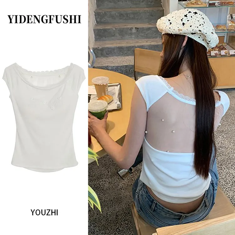 夏季韩系甜美时尚刺绣花朵珍珠设计露背T恤女法式白色蕾丝边上衣