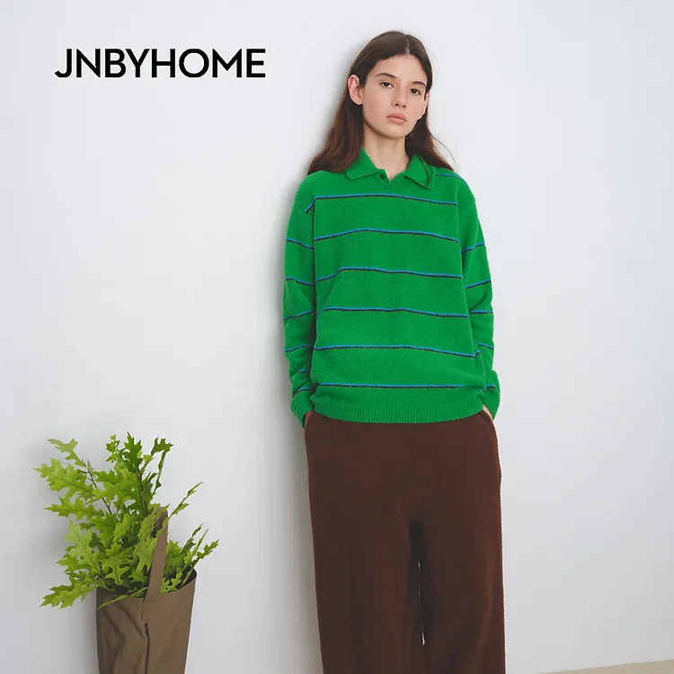 JNBYHOME江南布衣25年新条纹半边绒男女长袖套头家居套装上装