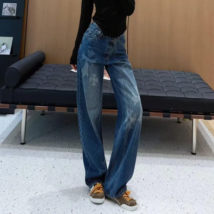 秋季新款潮流复古牛仔女裤遮肉显瘦高腰直筒裤南油高定弯刀阔腿裤