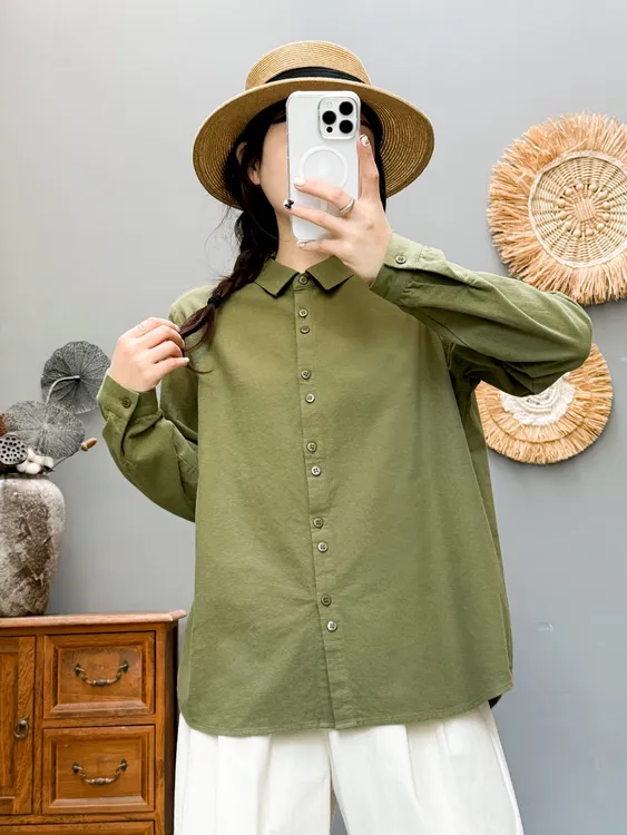 纯棉磨毛双排扣女士纯色长袖衬衫磨毛气质纯色衬衣秋装上衣-85182