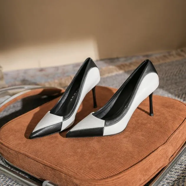 2025年春夏新款时尚百搭浅口法式单鞋气质尖头拼色高跟鞋女细跟