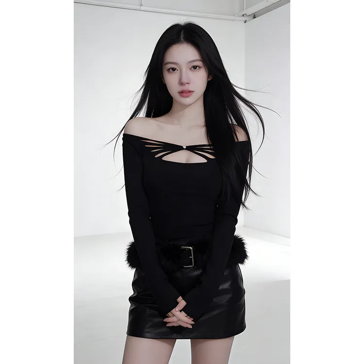 2025新款黑色紧身辣妹一字肩镂空交叉磨毛长袖上衣内搭打底T恤