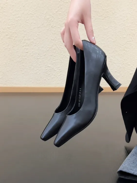 Pokoy-7cm小个子气质方头高跟鞋法式轻职风浅口一脚蹬通勤单鞋