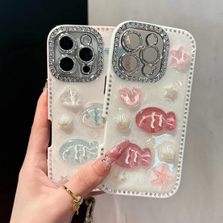 立体高级双面镶钻贝壳纹小鱼儿适用16promax创意手机壳可爱15轻奢