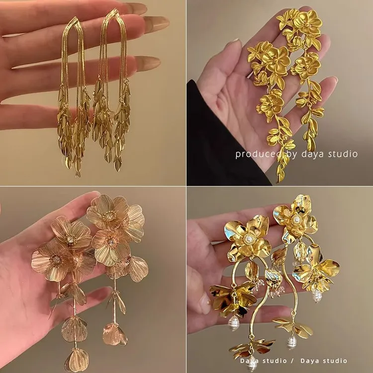 芷醉金迷~秋冬高级感金属花朵耳钉女夸张流苏大耳坠耳钉新娘耳饰