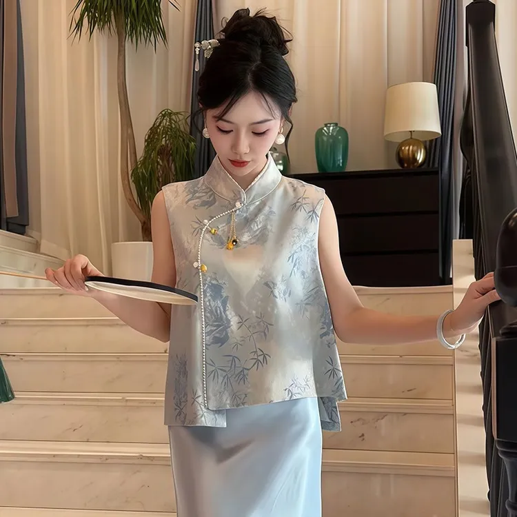 夏季新中式国风立领提花无袖马甲女气质复古百搭斜襟薄款衬衫上衣