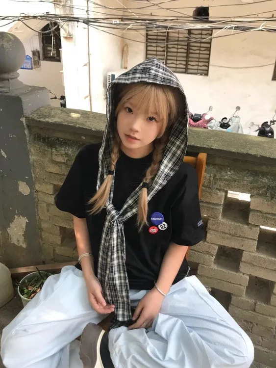 美式复古格子披肩假两件短袖T恤男女宽松休闲学院风叠穿上衣ins潮