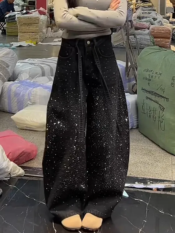 美式复古满天星烫钻拼接牛仔裤子女辣妹时尚宽松慵懒松弛感拖地裤