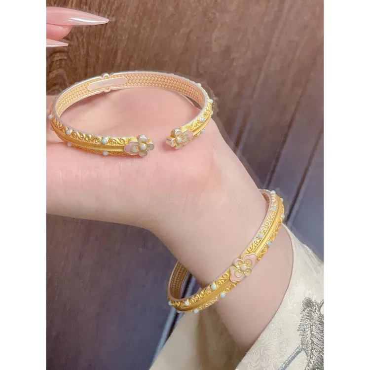 银9999描金珐琅四叶如意开口手镯女新中式国风高级感ins百搭饰品