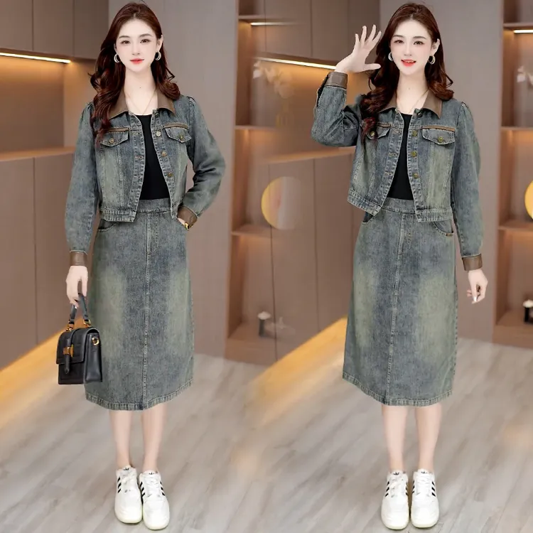 高含棉休闲套装女士2026年春秋新款时尚外套拼色牛仔连衣裙两件套