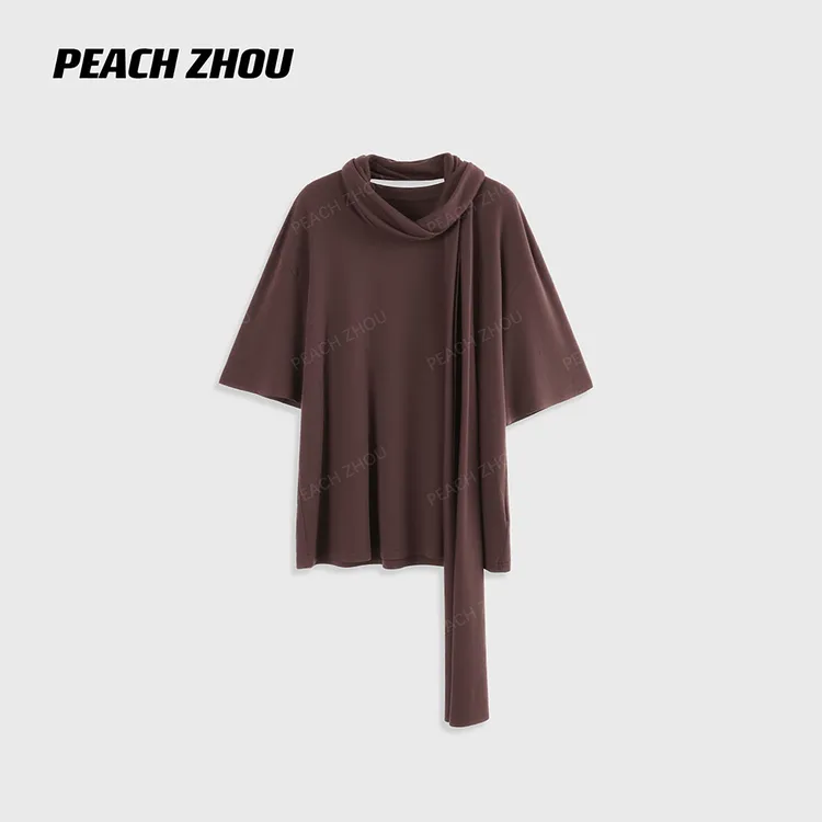 『PEACHZHOU』莱赛尔羊毛宽松简约休闲纯色洋气宽圆领短袖围脖套装