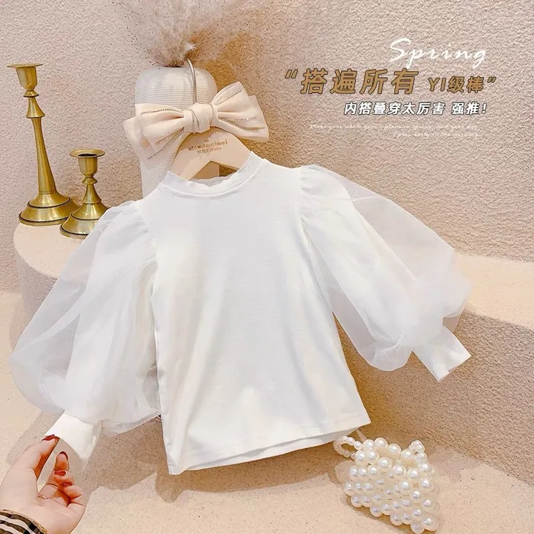 AINI女童网纱公主泡泡袖春秋款打底衫女孩2025新款上衣内搭韩范潮
