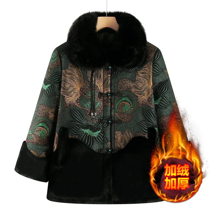 B99毛领国风立领法式女士保暖中国风中老年女装宽松型外套