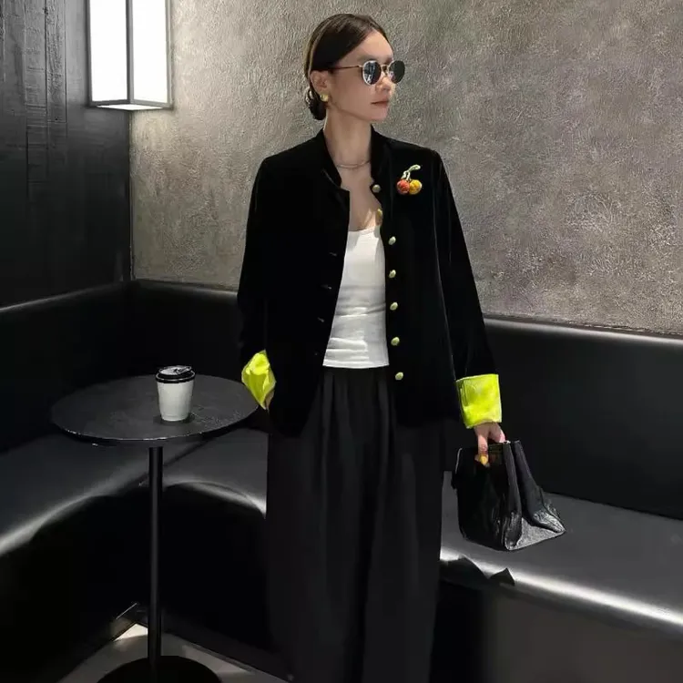 新中式国风女装知性风丝绒上衣2025早秋新款洋气衣服拼色唐装外套