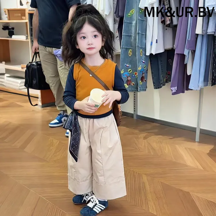 MK&UR.BV女童秋装套装2025年款衣服儿童长袖打底衫叠穿阔腿裤套装