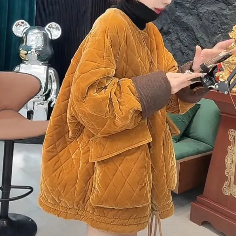 2025加棉加厚流光丝绒女慵懒保暖棉服外套圆领时尚百搭