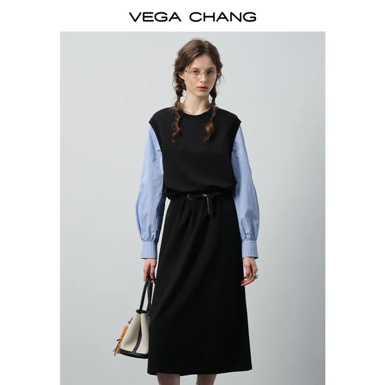 VEGA CHANG长袖连衣裙2025秋季新款蓝袖拼接气质黑色长裙0324LW