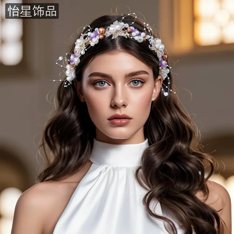 怡星森系超仙珍珠花朵头饰新款减龄梦幻手工发带婚纱旅拍配饰A392
