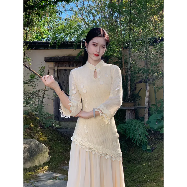 凌茜恣禾【白羽叠纱】国风新中式假两件绣花水滴领长袖改良旗袍裙
