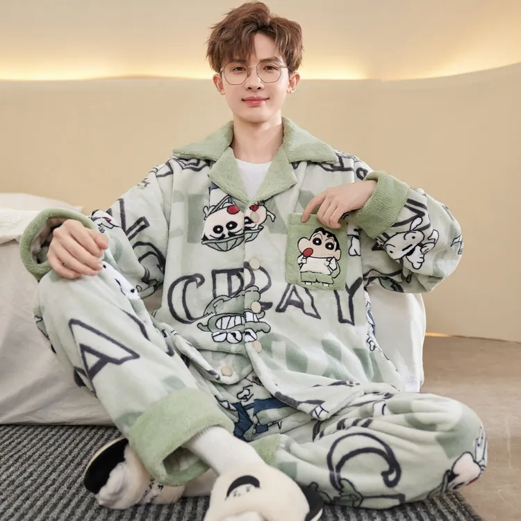 新款大码睡衣男秋冬季法兰绒加绒加厚套装冬天保暖宽松男士家居服