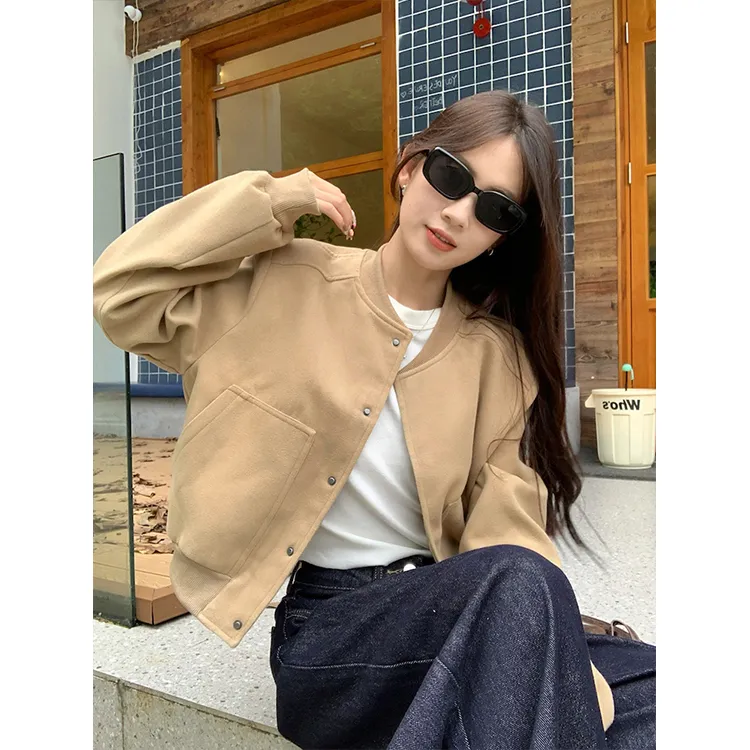美式复古卡其短款夹克外套女秋季穿搭高级感宽松休闲棒球服上衣潮