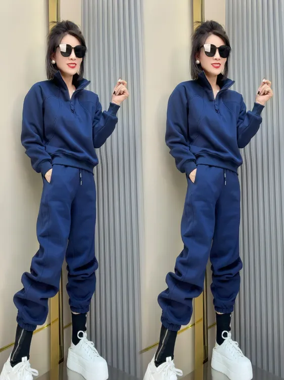 （加绒）半拉链糖果色上衣束脚裤两件套