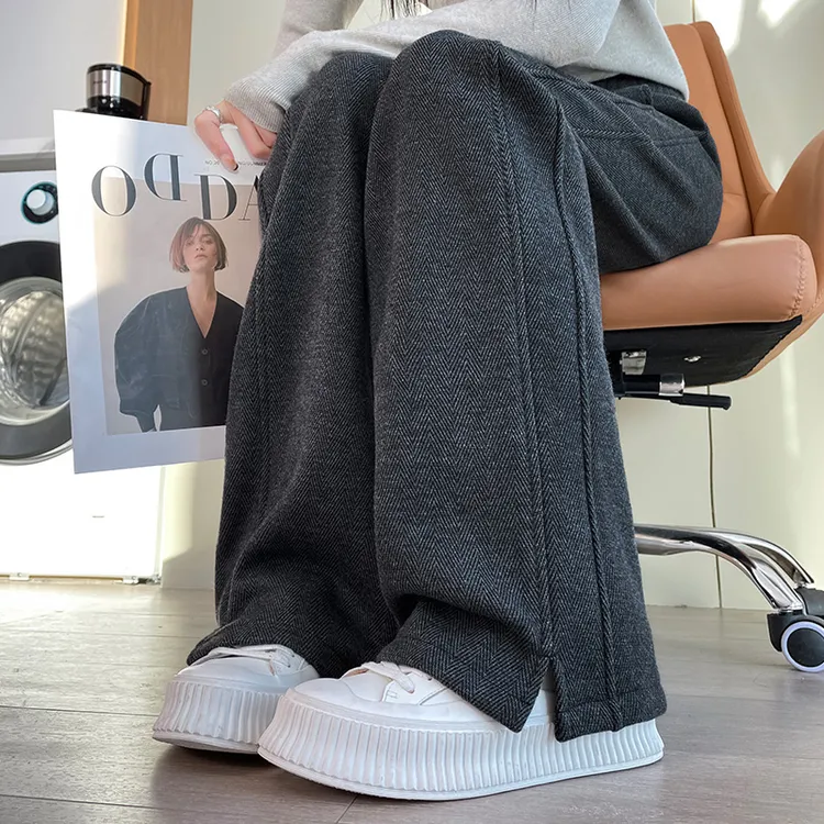 秋冬季人字纹侧开叉阔腿裤女毛呢九分小个子大码加绒直筒长裤加厚