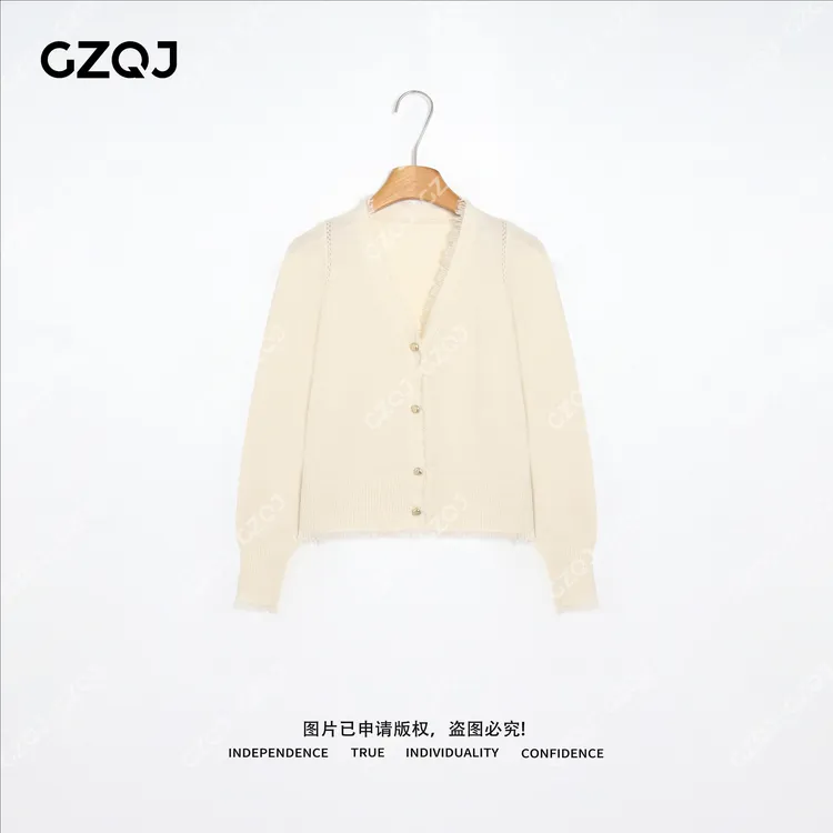 老琴私服【漫绪V领】山羊绒绵羊毛时尚毛边V领长袖小香毛衣女  9233