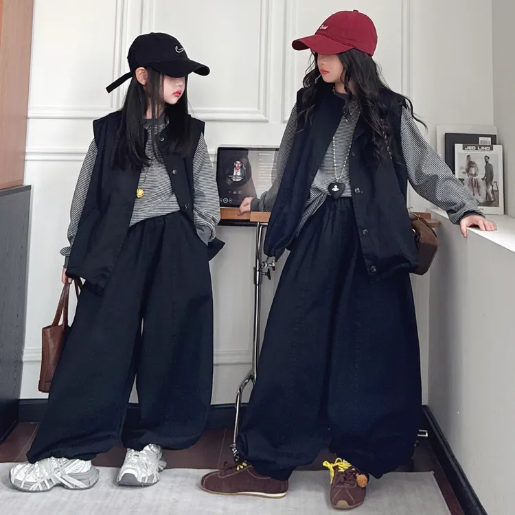 春秋女童条纹马甲运动三件套儿童装时髦衣服秋季阔腿裤韩版宽松潮