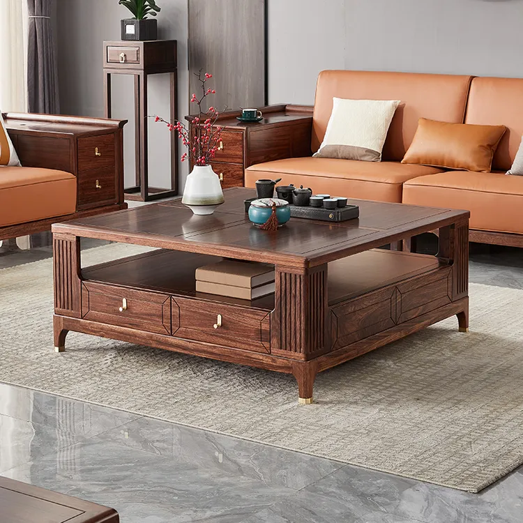 新中式乌金木正方形茶几 别墅客厅家用储物轻奢实木整装1.2大方几