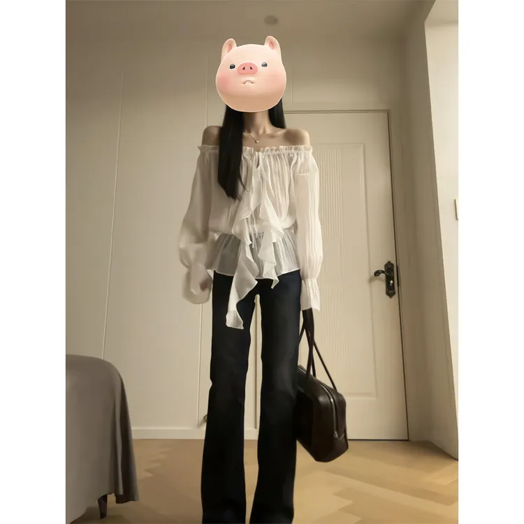 纯欲一字肩防晒罩衫上衣法式露肩衬衫窄版牛仔裤弯刀裤直筒微喇裤