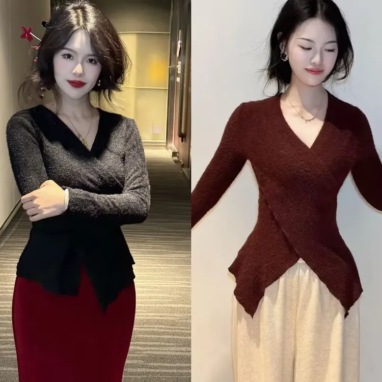 LHMknk1画报夫人原创厚款绒面针织打底保暖莫兰迪v领上衣合集